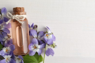 Photo of Beautiful wild violets, essential oil and space for text on white wooden table, flat lay. Spring flowers