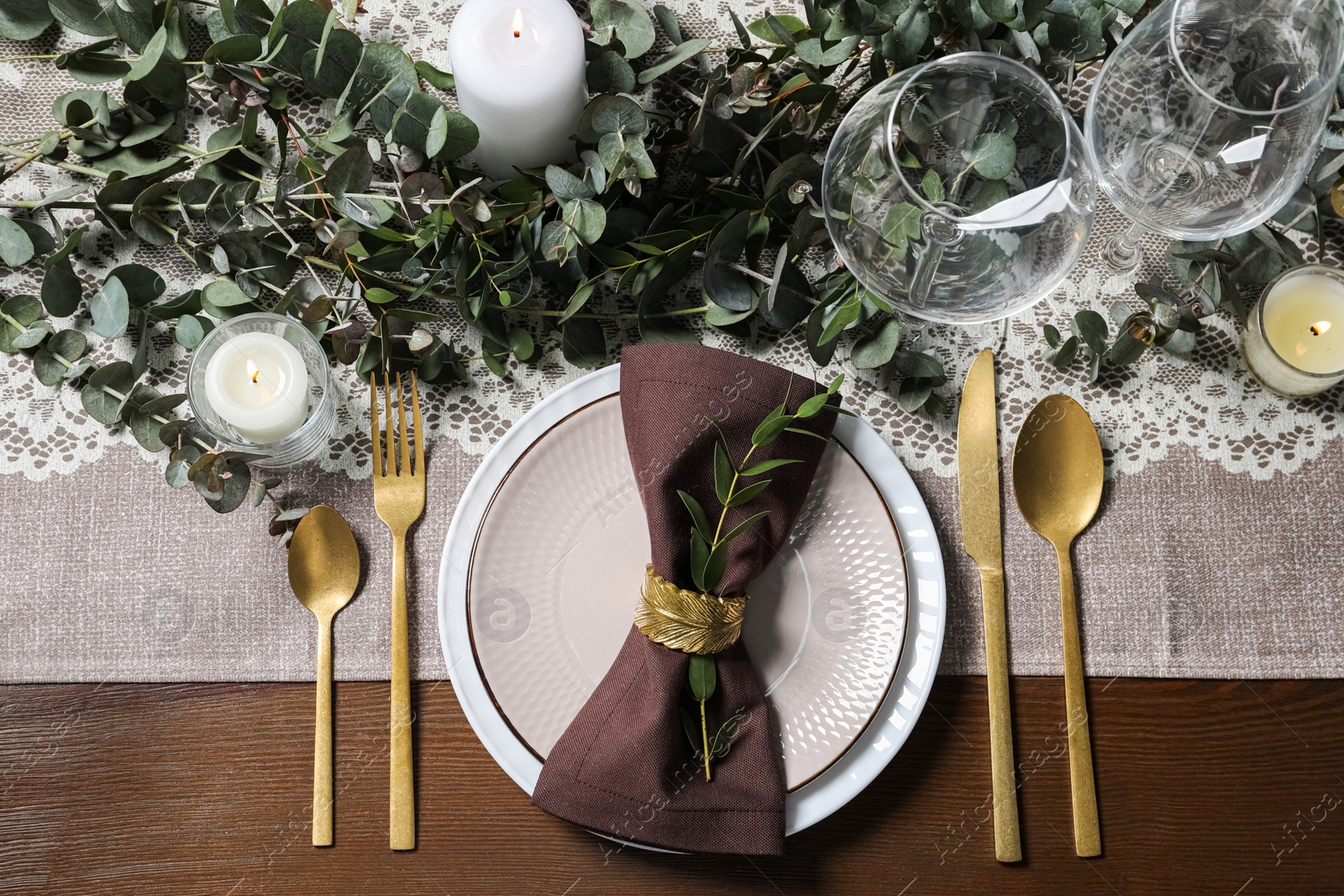 Photo of Stylish elegant table setting for festive dinner, flat lay