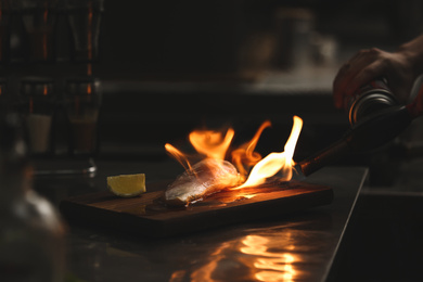 Photo of Female chef cooking chicken fillet with manual gas burner in restaurant kitchen, closeup