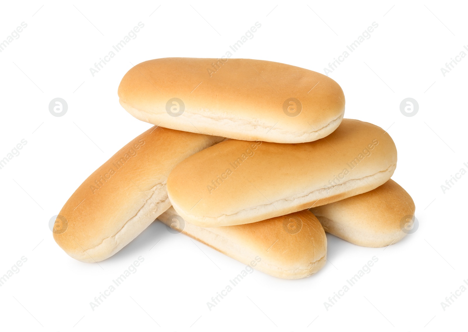 Photo of Many fresh hot dog buns isolated on white