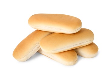 Photo of Many fresh hot dog buns isolated on white