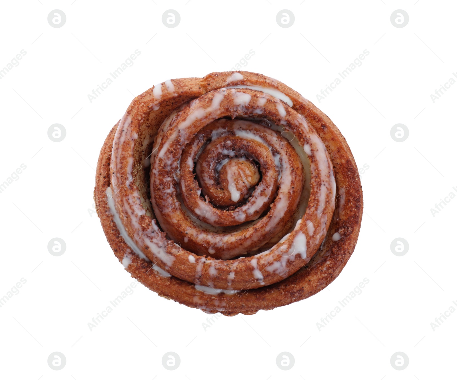 Photo of One tasty cinnamon roll isolated on white, top view