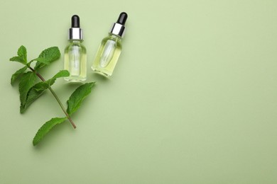 Photo of Bottles of essential oil and mint on light green background, flat lay. Space for text