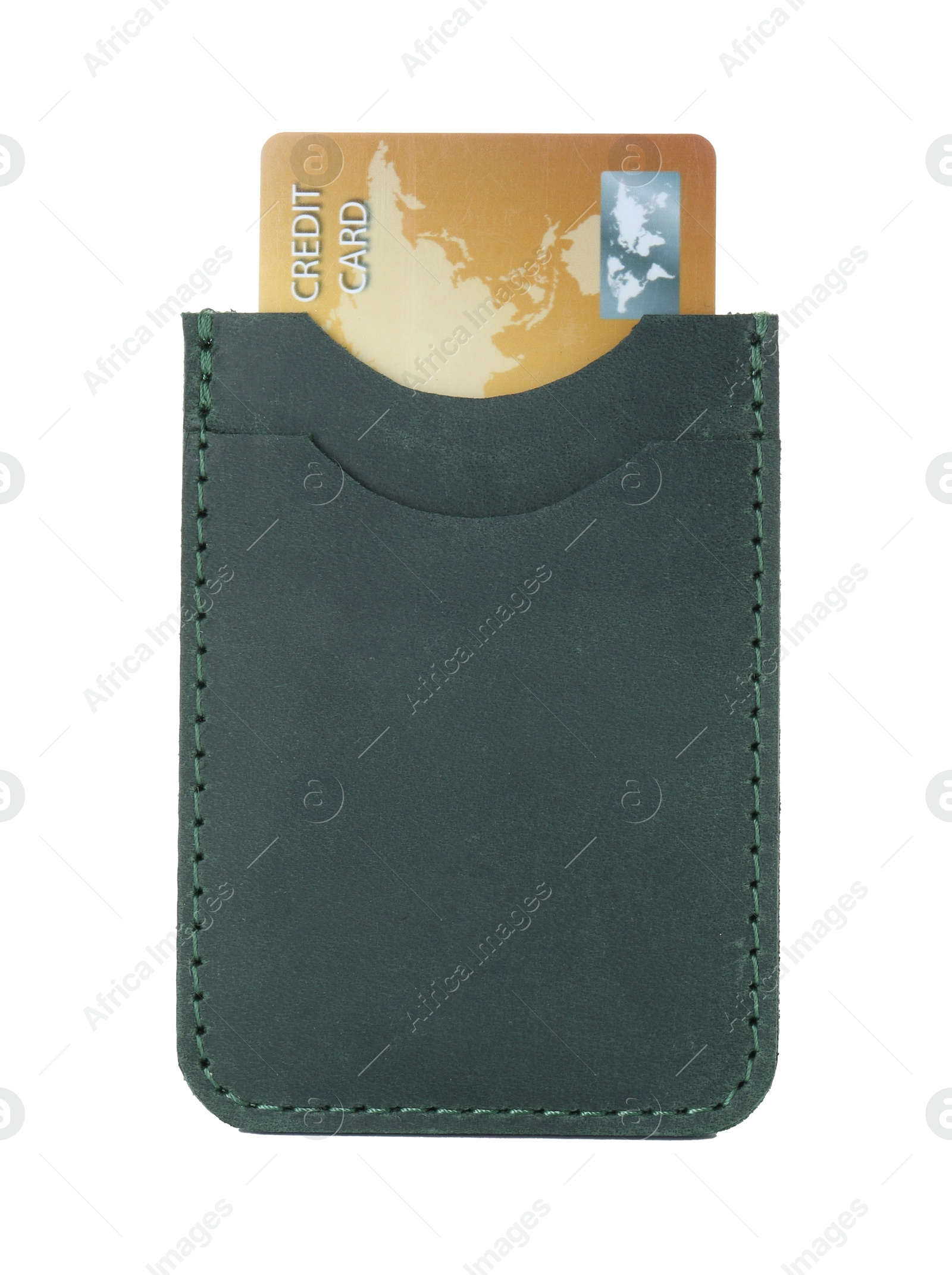 Photo of Leather card holder with plastic credit card isolated on white