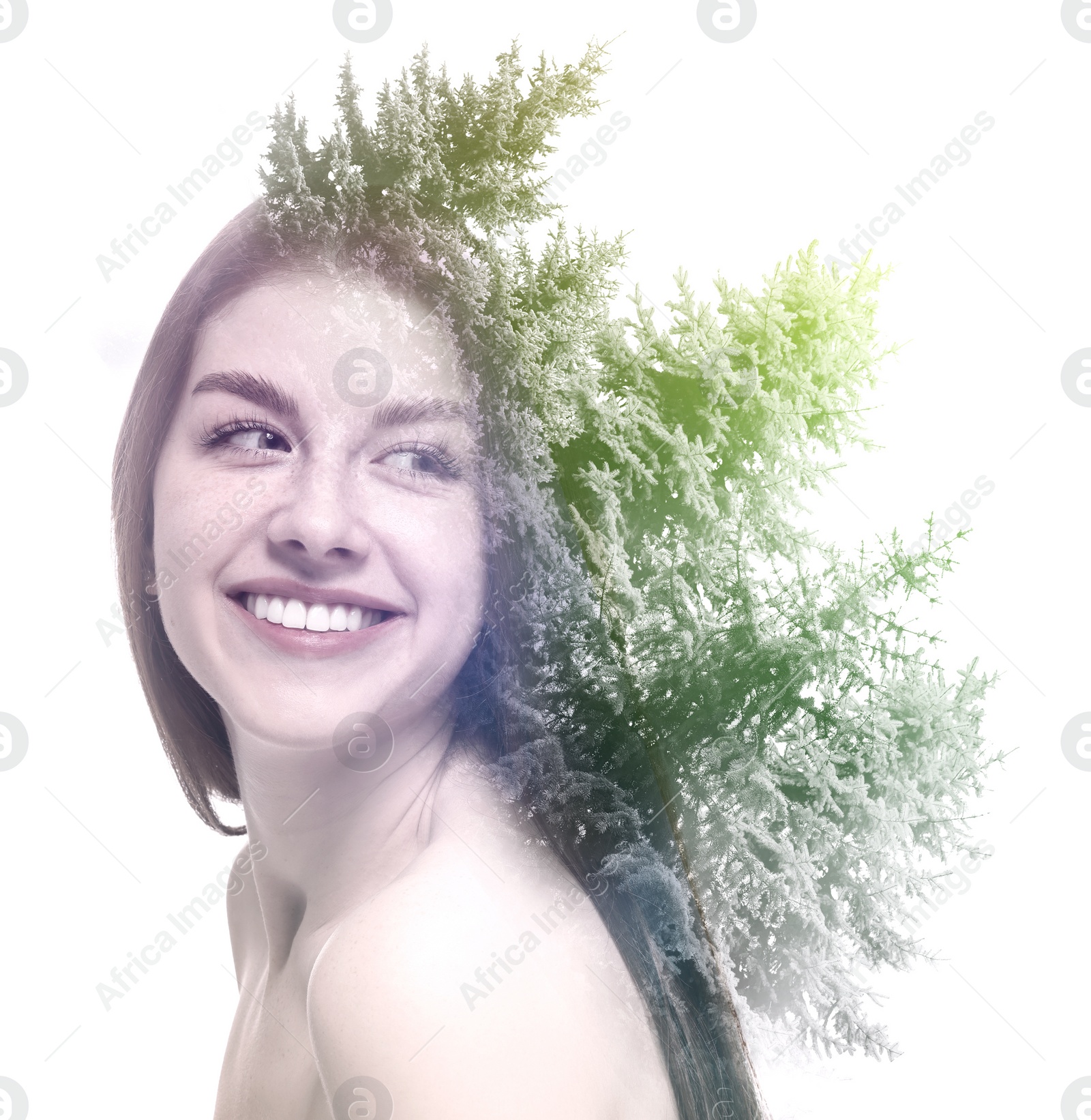 Image of Double exposure of beautiful woman and coniferous trees on white background, color toned