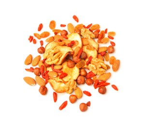 Pile of mixed dried fruits and nuts on white background, flat lay