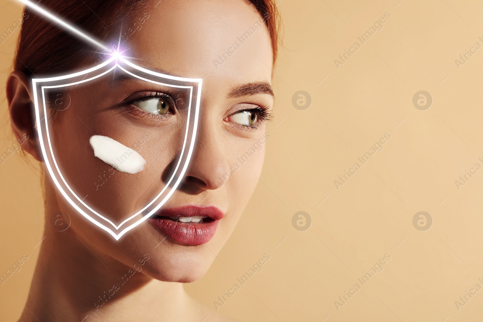 Image of Sun protection care. Beautiful woman with sunscreen on face against beige background, space for text. Illustration of shield as SPF