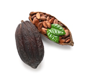 Cocoa pods and beans with leaves on white background, top view