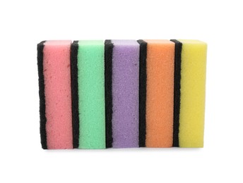 Photo of Bright cleaning sponges with abrasive scourers on white background