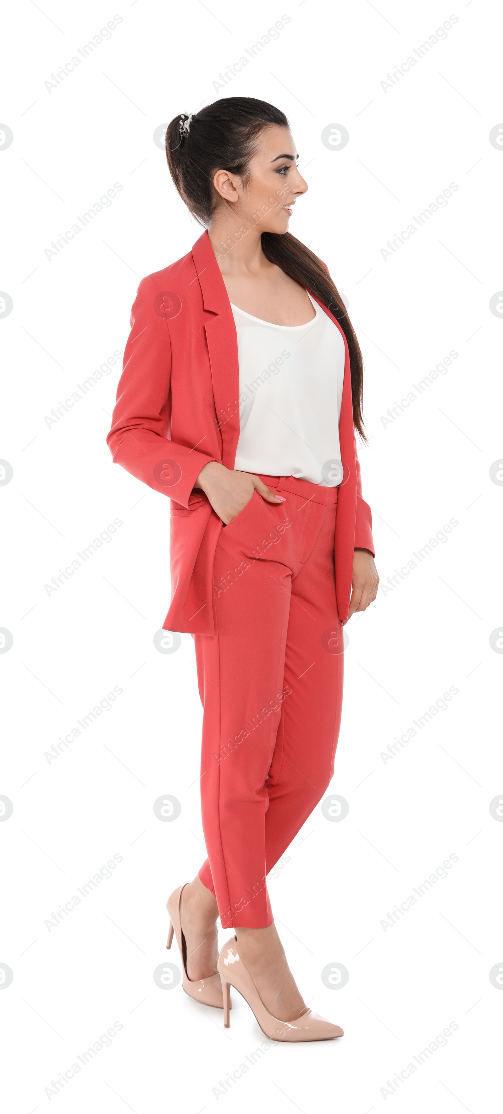 Photo of Full length portrait of young businesswoman on white background