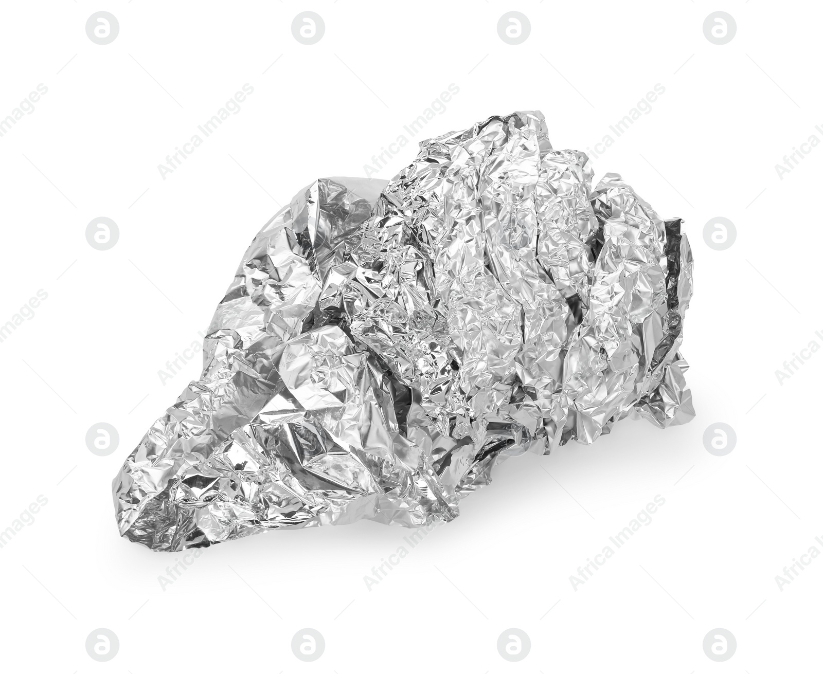 Photo of Crumpled piece of aluminum foil isolated on white, top view