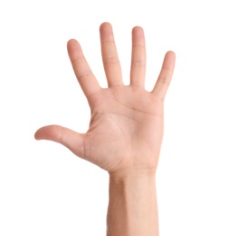 Photo of Man showing hand on white background, closeup