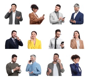 Collage with photos of people using mobile phones on white background