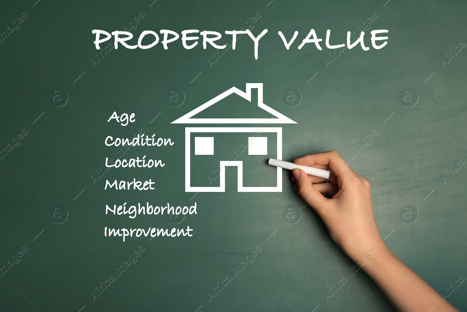 Image of Real estate agent drawing house illustration on chalkboard, closeup. Property value concept