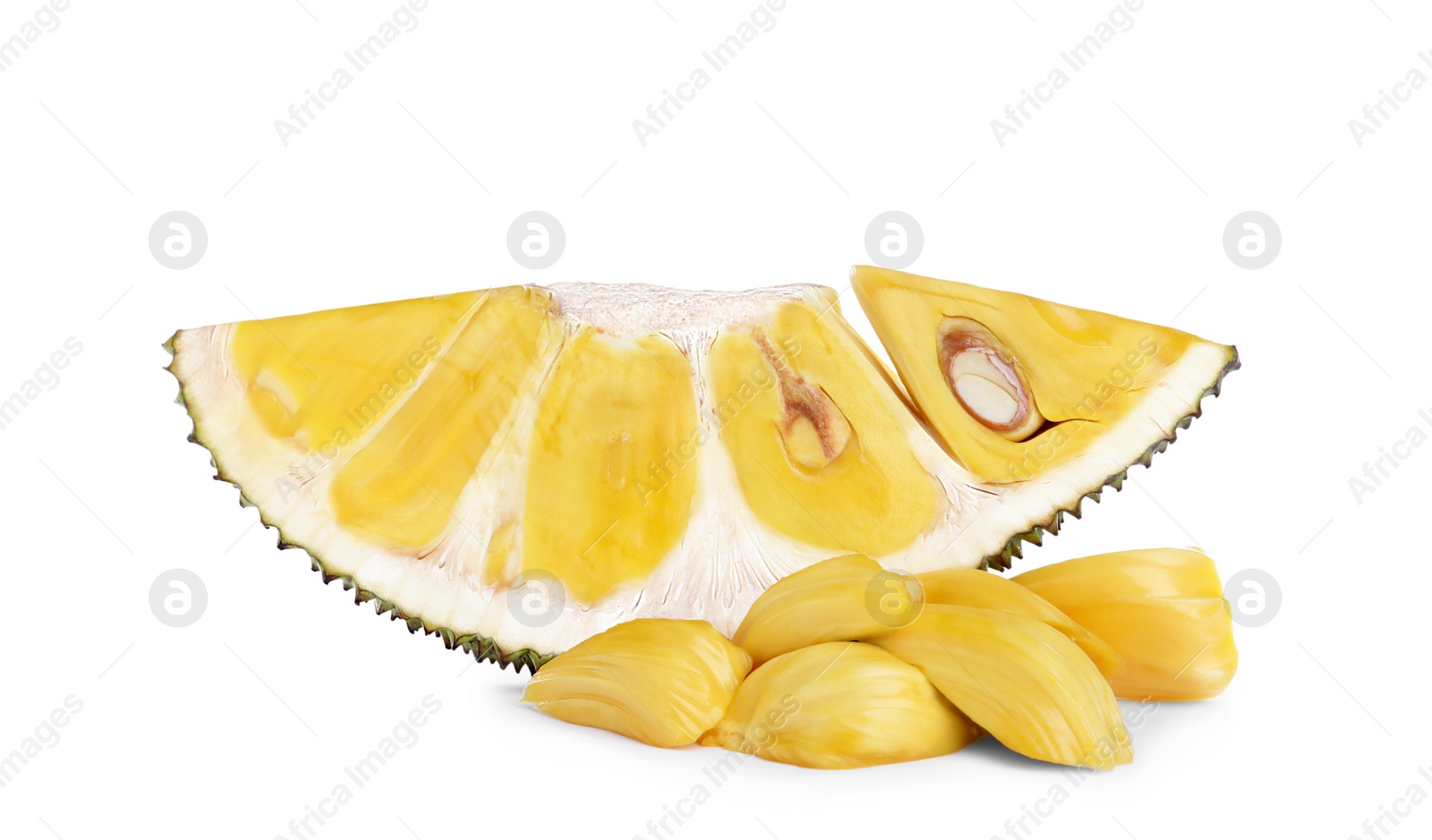 Photo of Slice of fresh exotic jackfruit and bulbs on white background