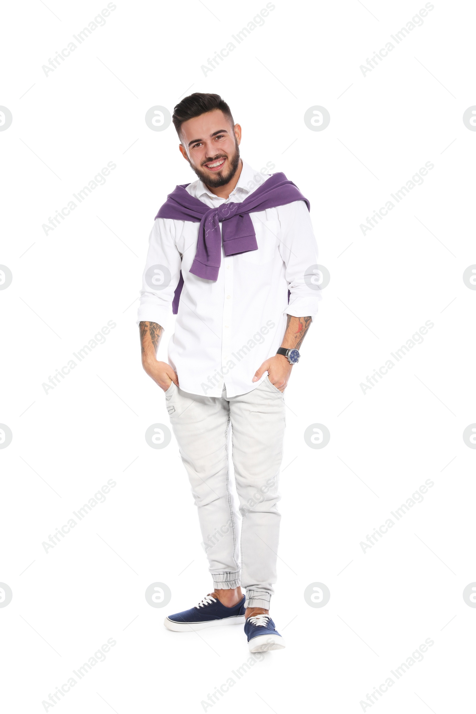 Photo of Portrait of handsome young man on white background