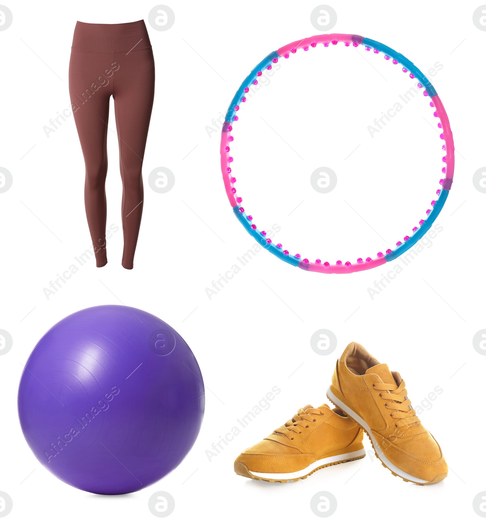 Image of Set with different fitness equipment on white background