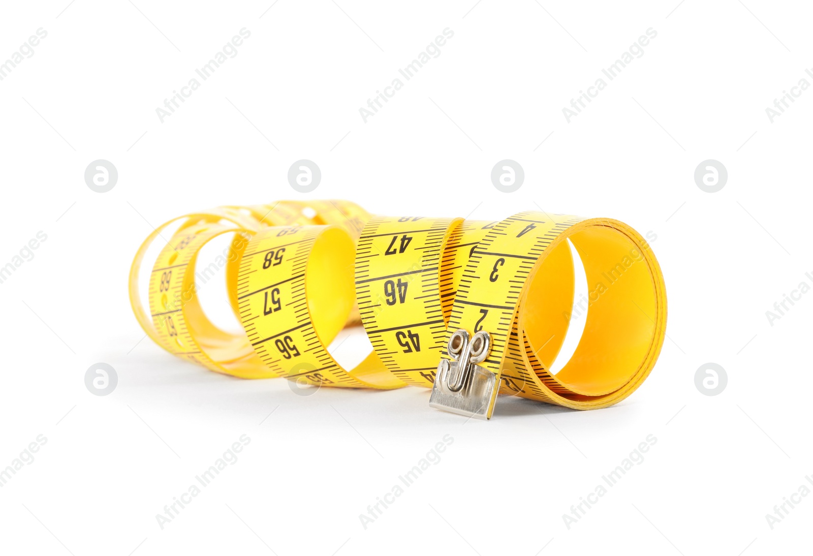 Photo of New yellow measuring tape isolated on white