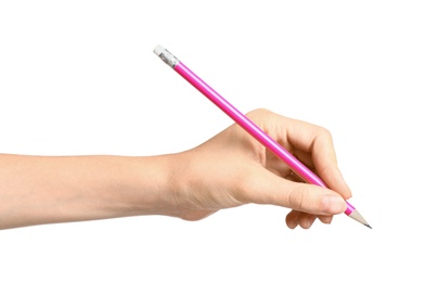 Photo of Young woman holding pencil on white background, closeup