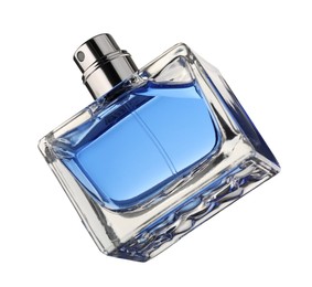 Photo of Blue men's perfume in bottle isolated on white