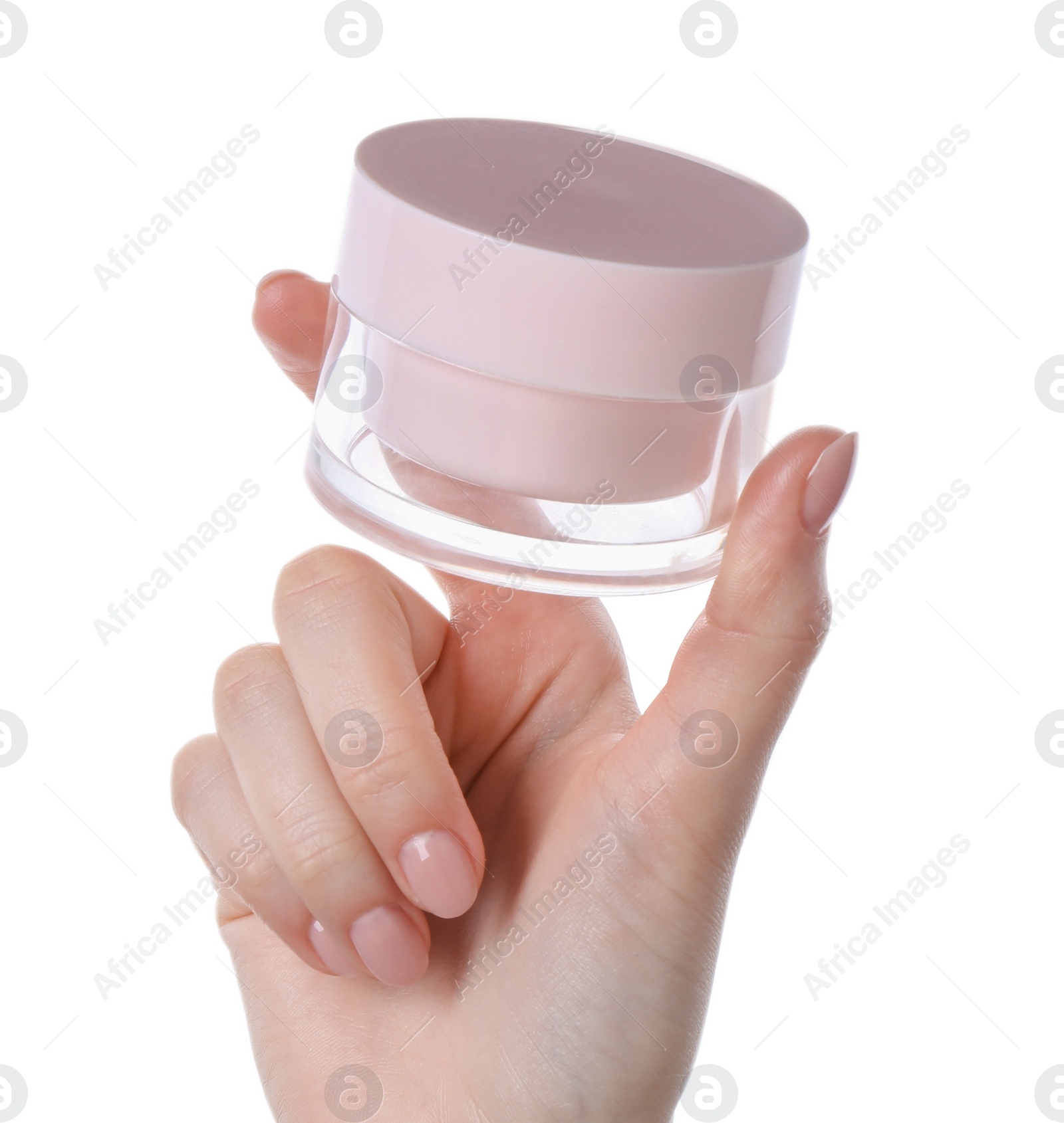 Photo of Woman with jar of cream isolated on white, closeup