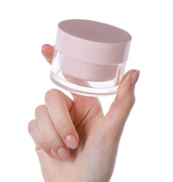 Woman with jar of cream isolated on white, closeup