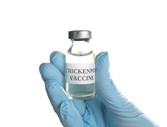 Photo of Doctor holding chickenpox vaccine on white background, closeup. Varicella virus prevention