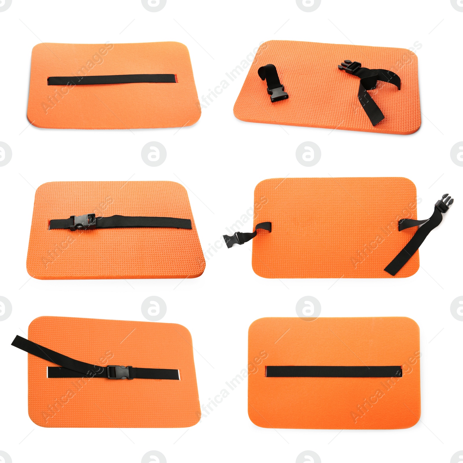 Image of Set with orange foam tourist seat mats on white background 