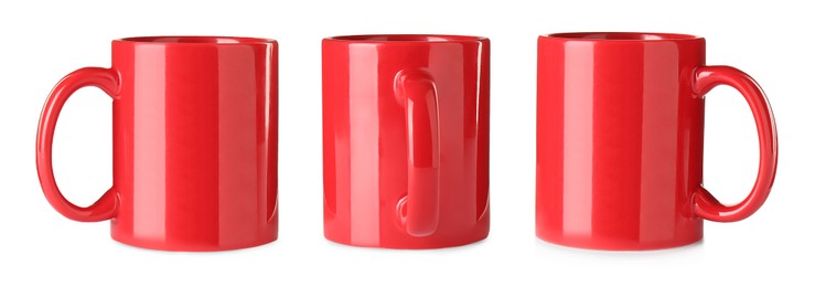 Image of Set with red ceramic mugs on white background. Banner design