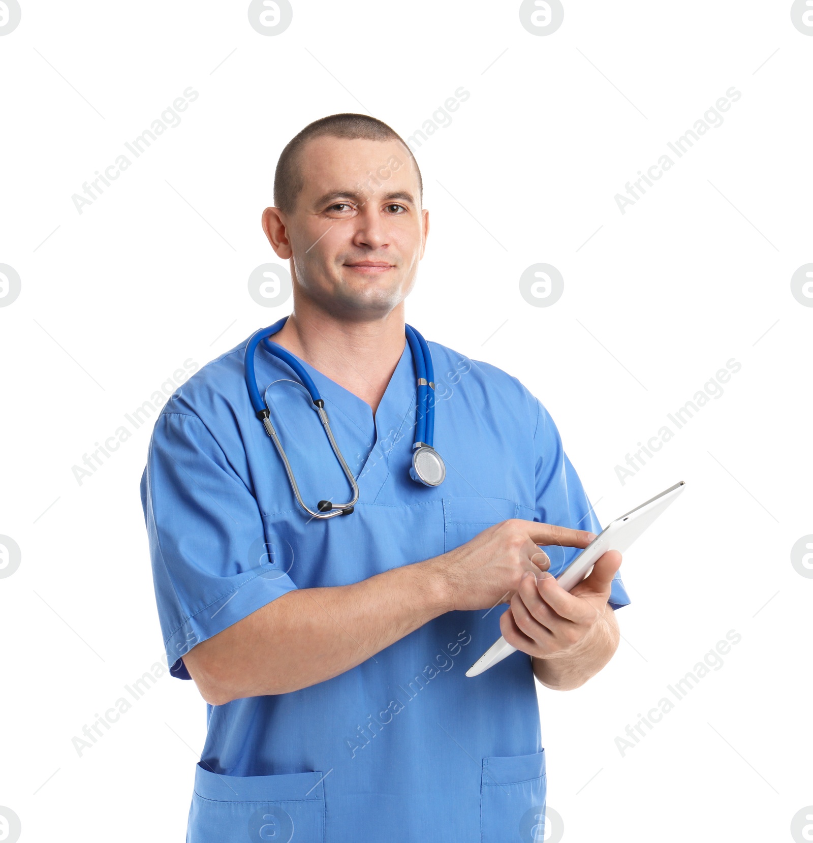 Photo of Portrait of medical assistant with stethoscope and tablet on white background