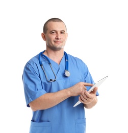 Photo of Portrait of medical assistant with stethoscope and tablet on white background