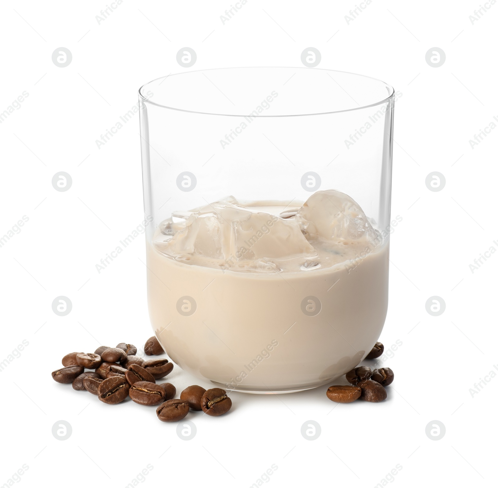 Photo of Glass of coffee cream liqueur with ice cubes and beans isolated on white