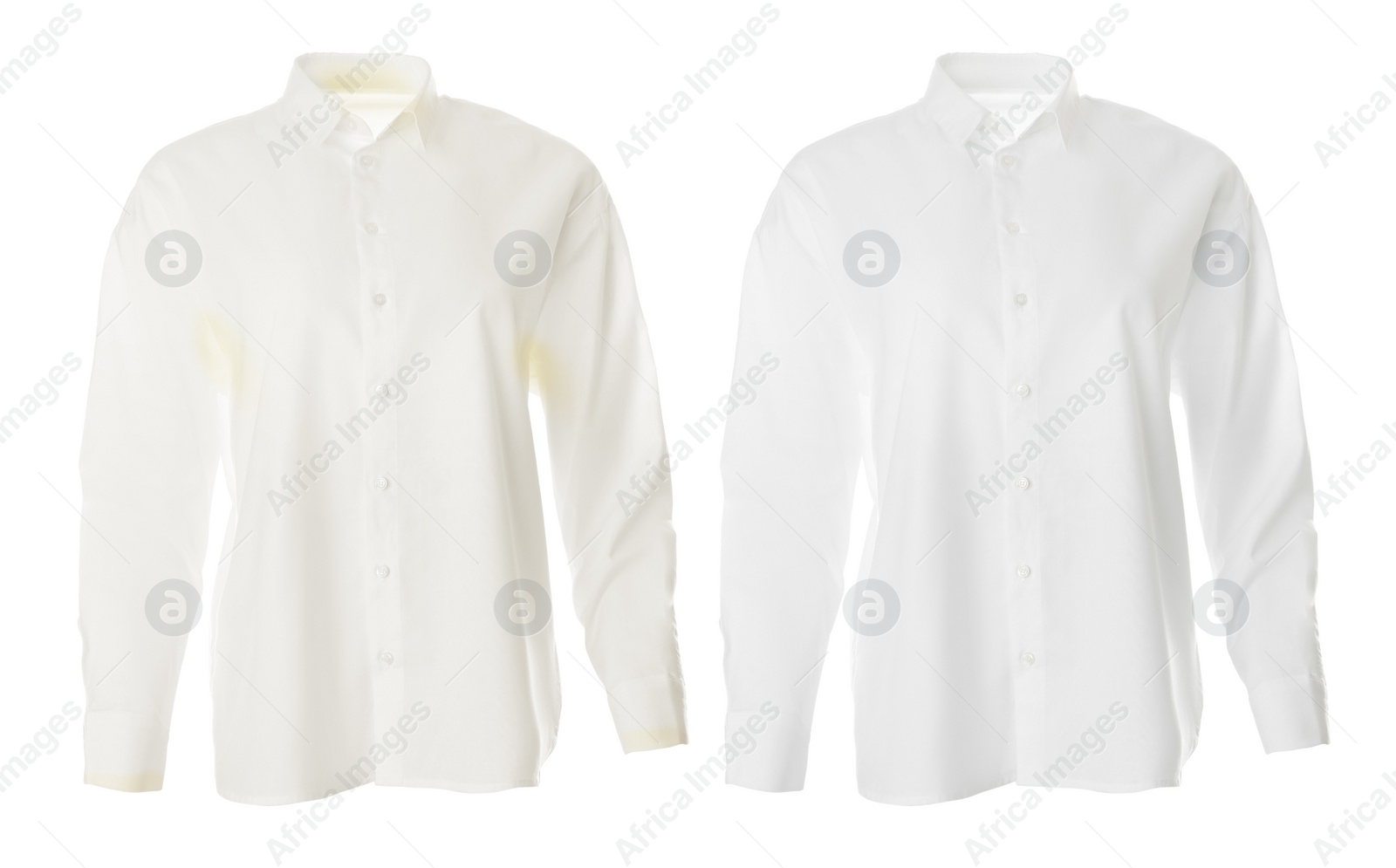 Image of Stylish shirt before and after dry-cleaning on white background