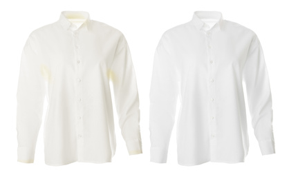 Image of Stylish shirt before and after dry-cleaning on white background