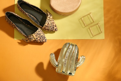 Photo of Flat lay composition with lady's shoes on color background