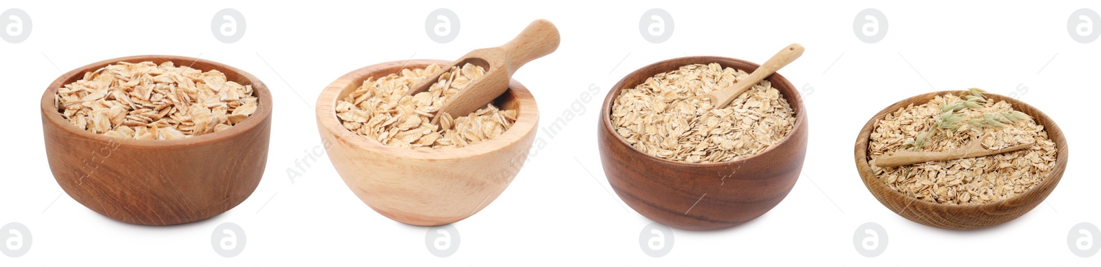 Image of Rolled oats in bowls isolated on white, collection