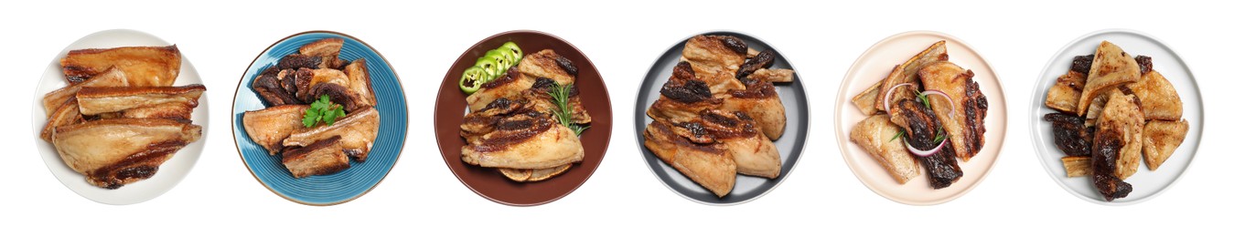 Image of Set with tasty fried pork lard on white background, top view. Banner design 