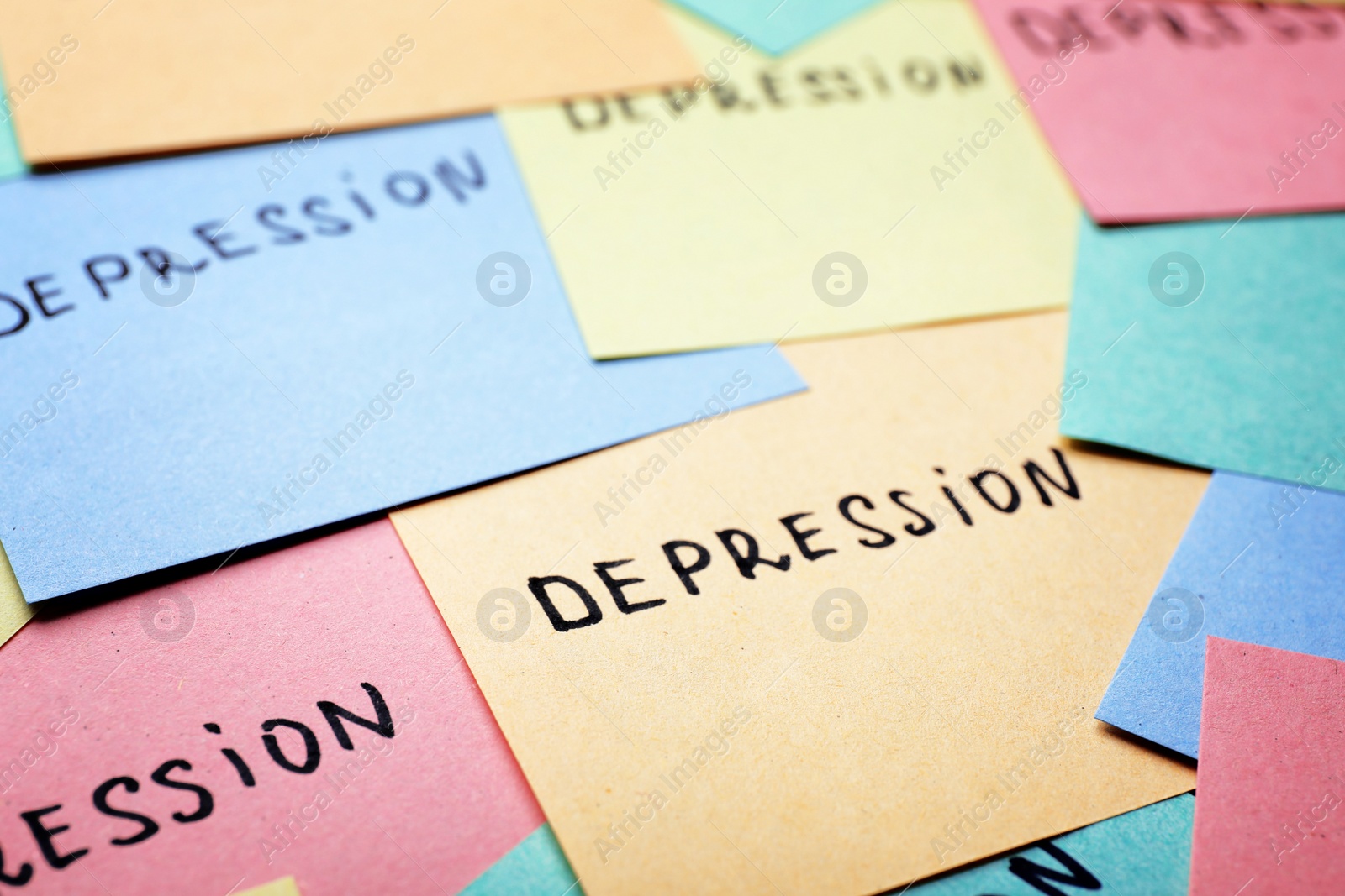 Photo of Many sticky notes with written words Depression as background