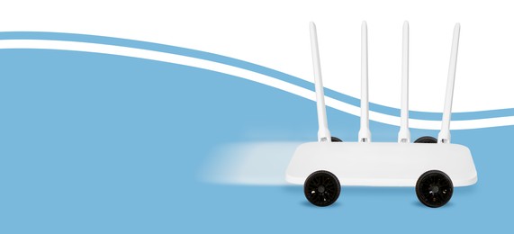 Image of Fast internet connection. Wi-Fi router with wheels riding on white background, banner design