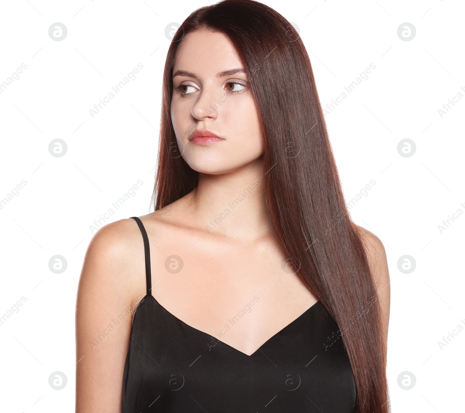 Photo of Portrait of beautiful young woman with healthy strong hair on white background