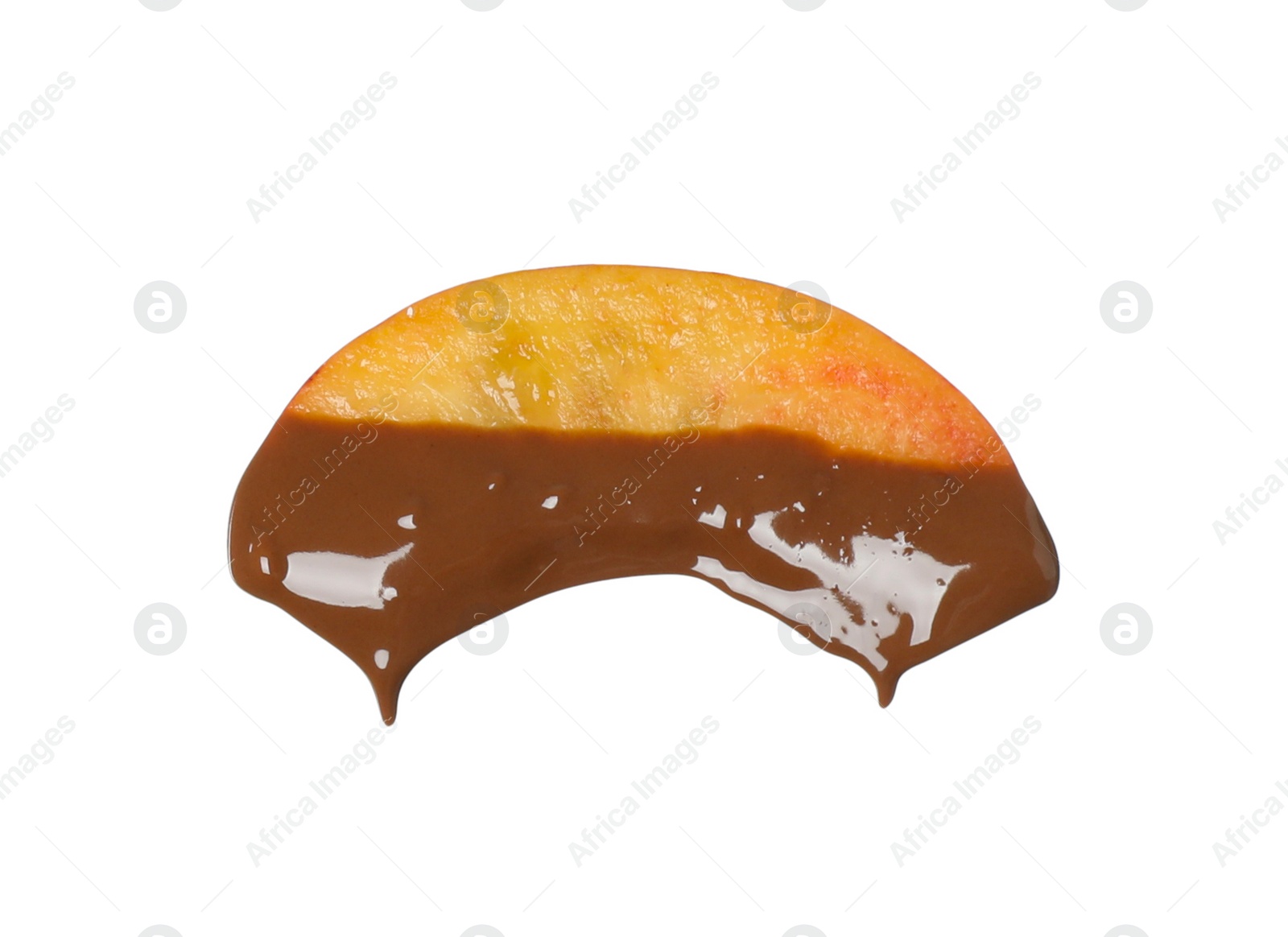 Photo of Tasty peach dipped into chocolate fondue on white background