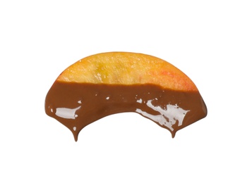 Photo of Tasty peach dipped into chocolate fondue on white background