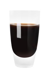 Photo of Shot glass with coffee liqueur isolated on white