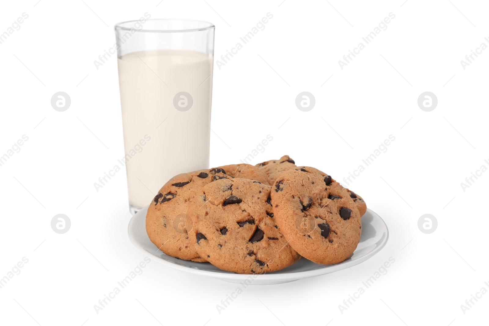 Photo of Delicious chocolate chip cookies and milk isolated on white