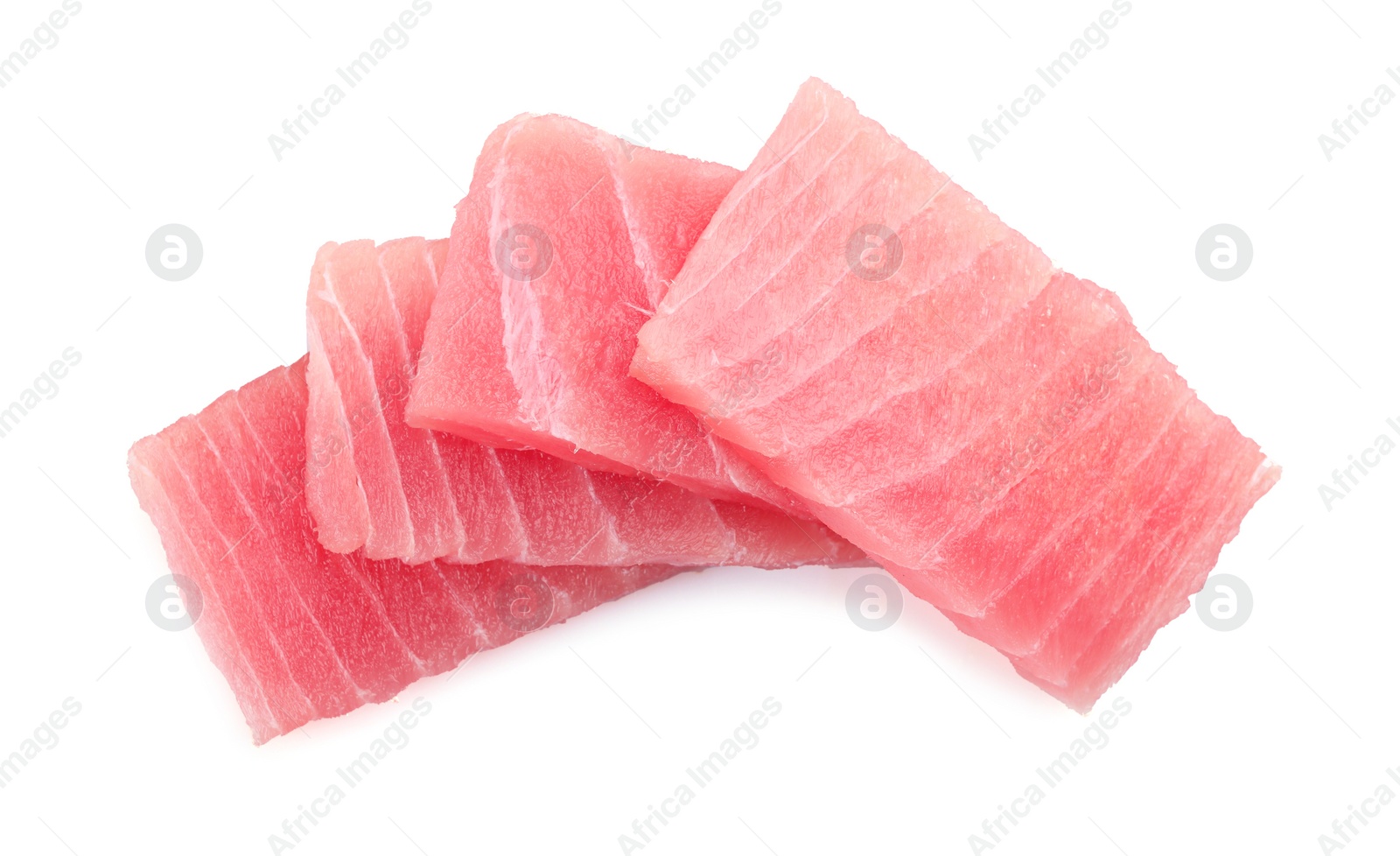 Photo of Tasty sashimi (pieces of fresh raw tuna) on white background, top view