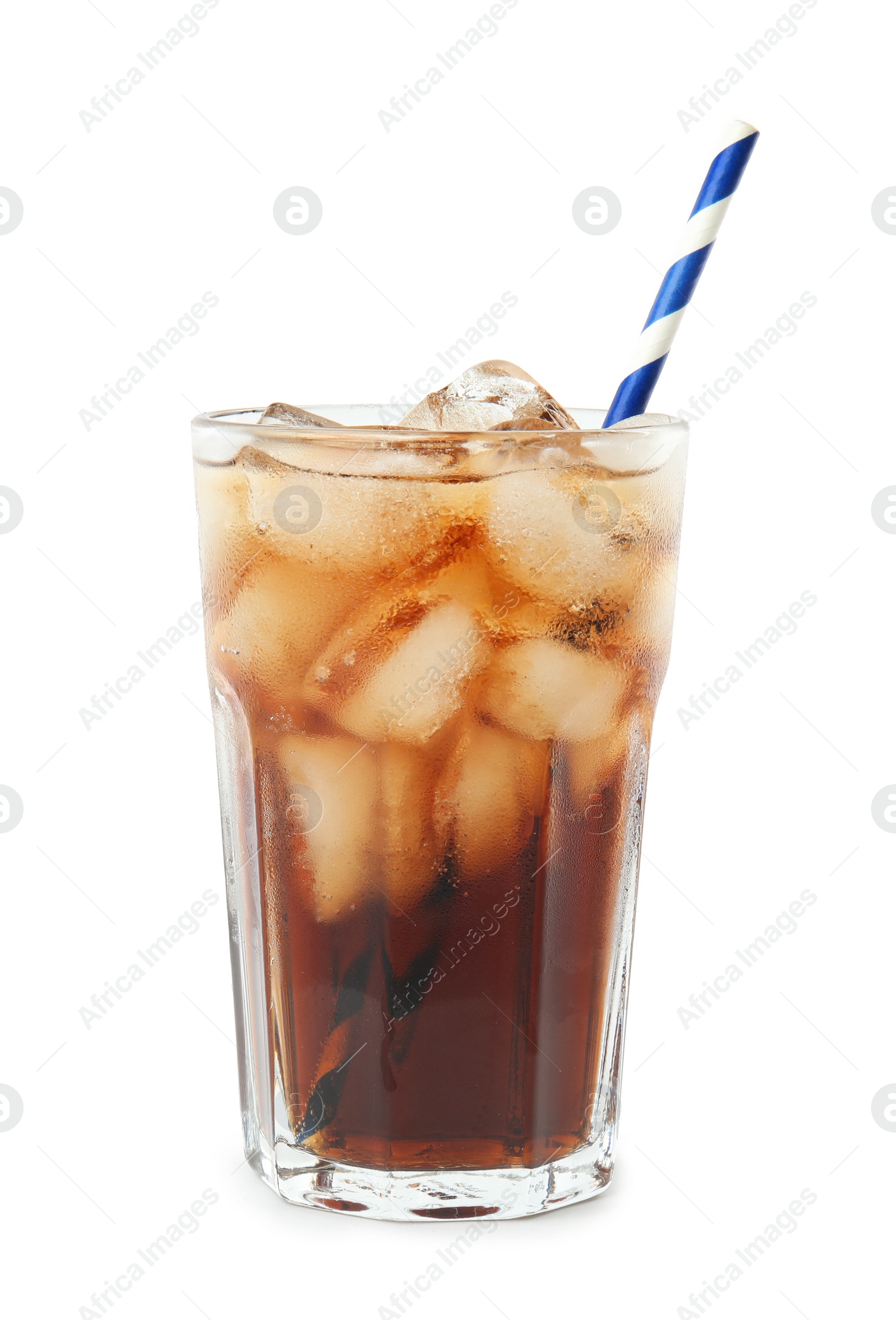 Photo of Glass of refreshing soda drink with ice cubes and straw on white background