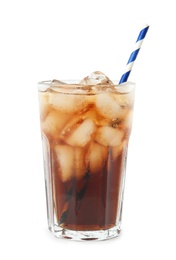 Glass of refreshing soda drink with ice cubes and straw on white background