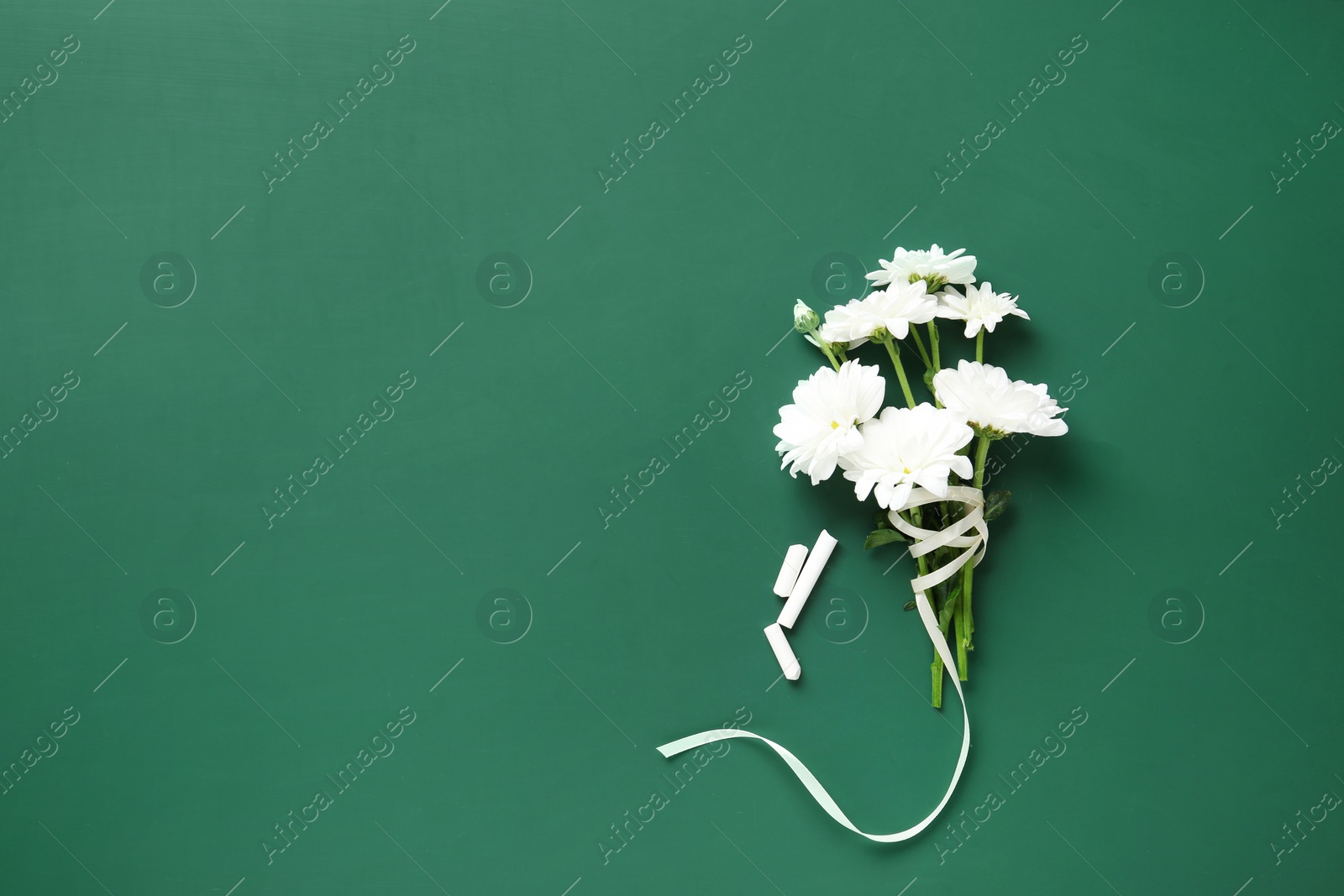 Photo of Flat lay composition with flowers on green chalkboard, space for text. Teacher's day