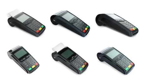 Image of Set with modern payment terminals on white background 