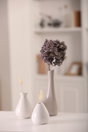 Photo of Vases with different dried plants on white table in room